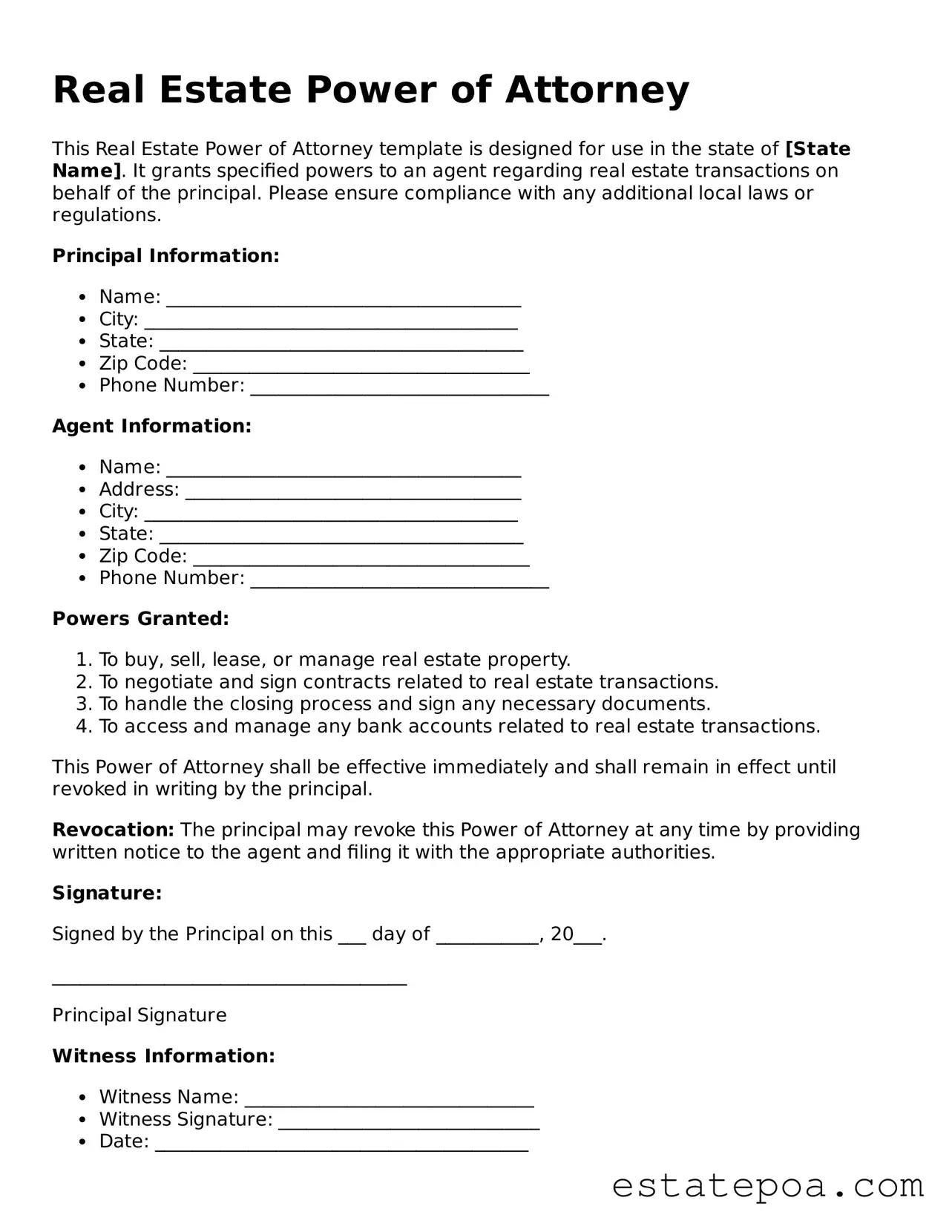 Blank Real Estate Power of Attorney Document